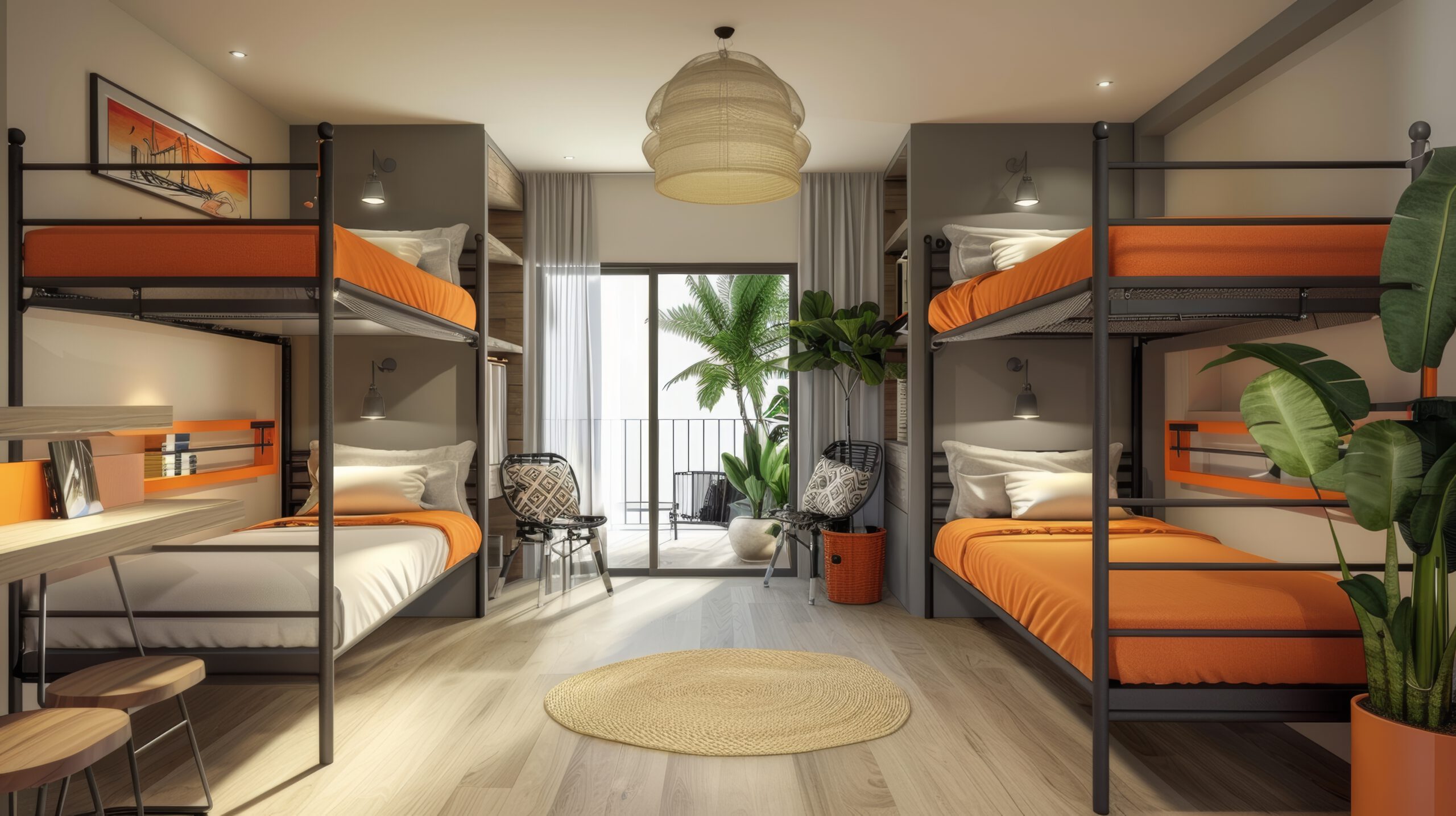 Contemporary hostel room with bright bunk beds, modern furnishings, and eclectic decorations, creating a dynamic and trendy space for guests Contemporary hostel room with bright bunk beds, modern furnishings, and eclectic decorations, creating a dynamic and trendy space for guests
